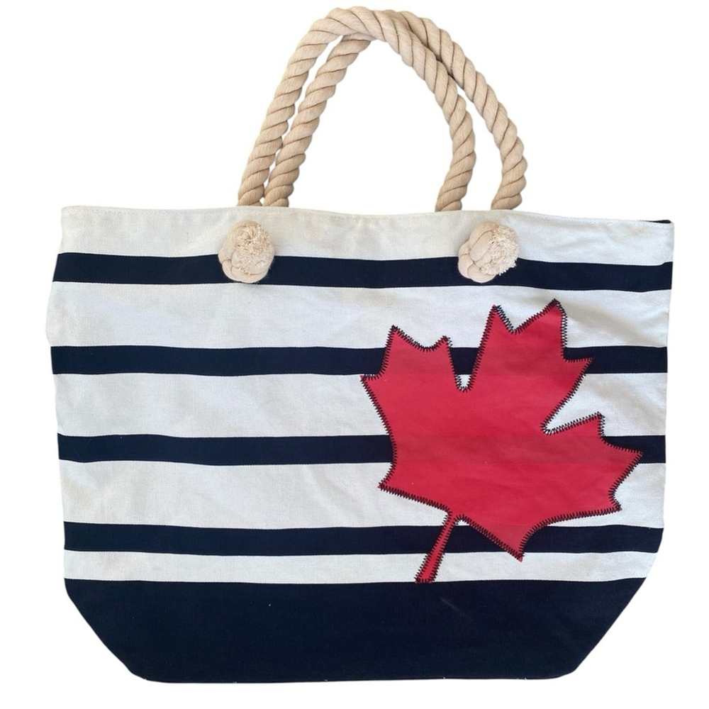 Old Navy Striped Maple Leaf Rope Handle Canvas Beach Tote Black White One Size